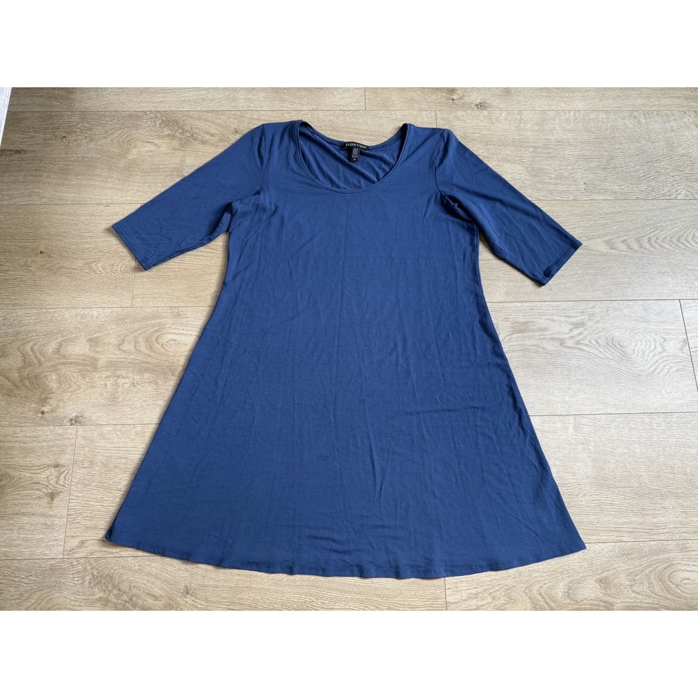EUC Eileen Fisher elbow sleeve swing stretch blue tunic jersey top size S